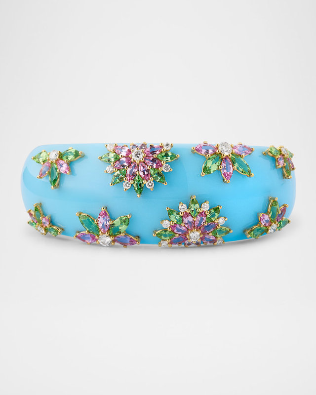 18K Yellow Gold Blue Acrylic Dahlia Cuff with Diamonds, Sapphires and Tsavorite, 25mm